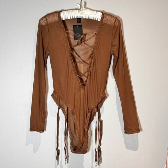 NWT Frederick's of Hollywood Mesh Bodysuit Teddy Sz.M Brown  Sheer Garter Sexy - Picture 3 of 7